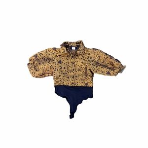 NWOT Akira Puff Short Sleeve Gold and Black Bodysuit Button Up Geometric Blouse